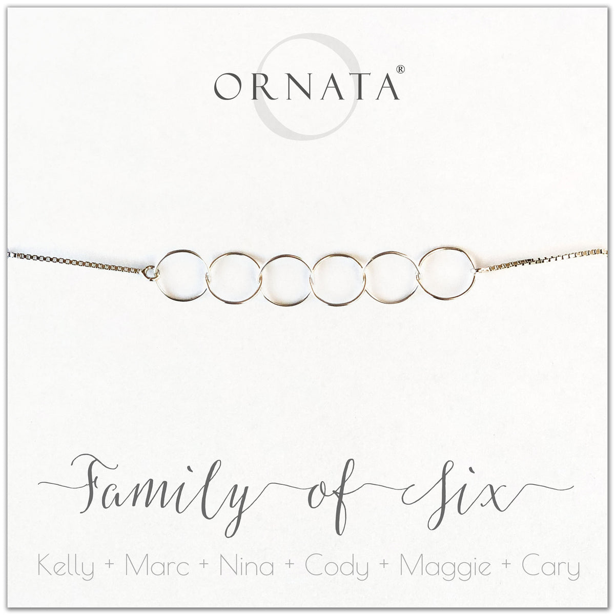 Family of six personalized sterling silver bolo bracelet. Our custom bracelets make good gifts for new families, mothers, and newlyweds. Great bridal shower gift, wedding gift, or baby shower gift. Also good mother’s day gift. 
