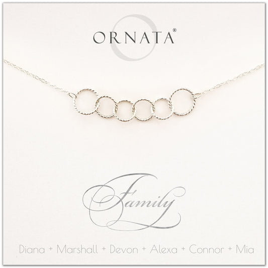 Family of Six Personalized silver necklaces for families of six. Our sterling silver custom family jewelry is a perfect gift for new families, newlyweds, parents, new parents, friends, sisters, mothers, and grandmothers. Family jewelry is also a good gift for Mother’s Day. 