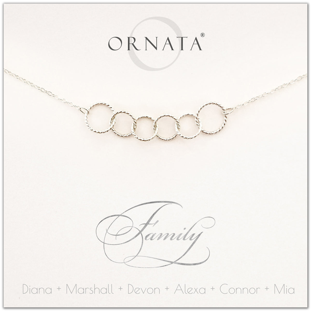Family of Six Personalized silver necklaces for families of six. Our sterling silver custom family jewelry is a perfect gift for new families, newlyweds, parents, new parents, friends, sisters, mothers, and grandmothers. Family jewelry is also a good gift for Mother’s Day. 
