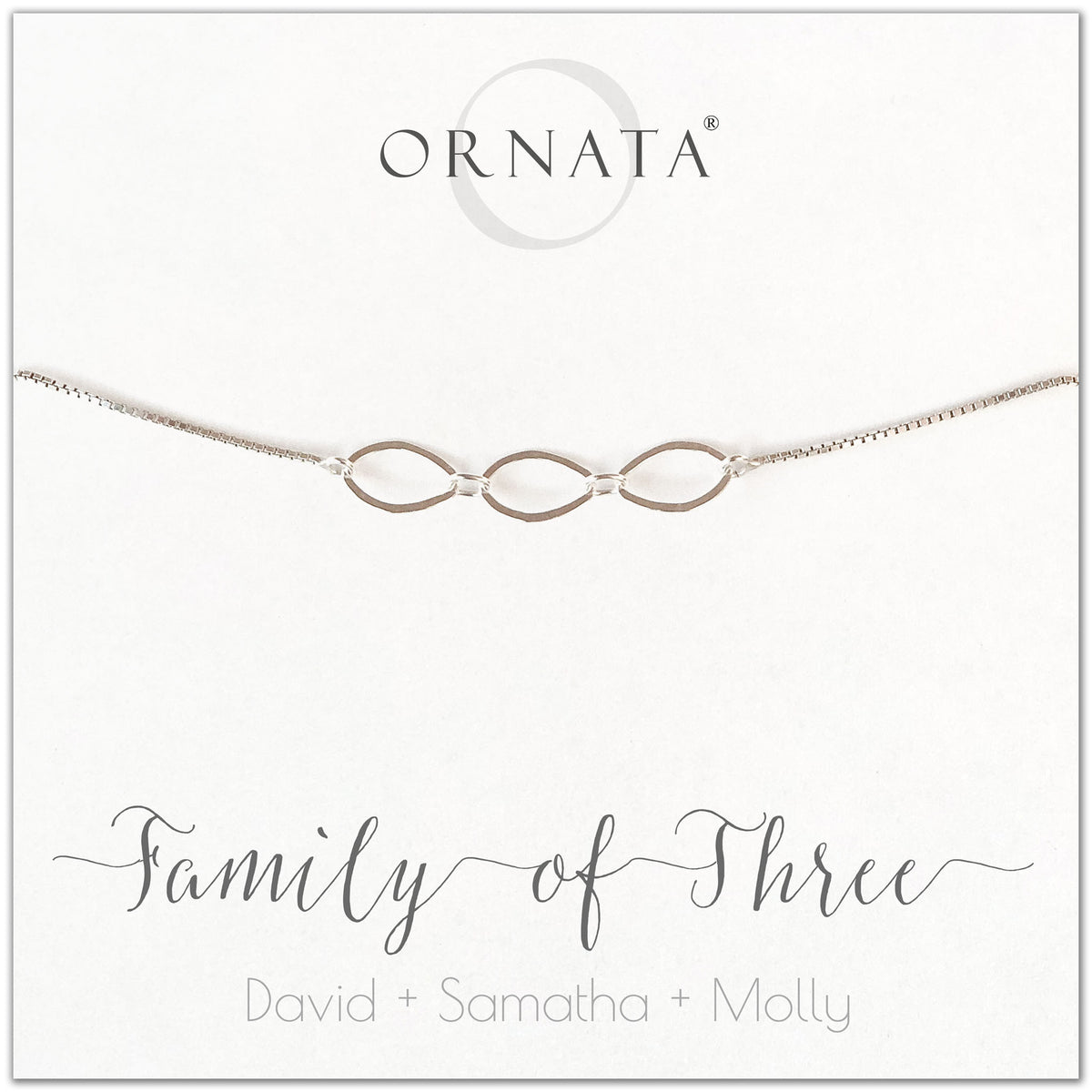 Family of three personalized sterling silver bolo bracelet. Our custom bracelets make good gifts for new families, mothers, and newlyweds. Great bridal shower gift, wedding gift, or baby shower gift. Also good mother’s day gift. 