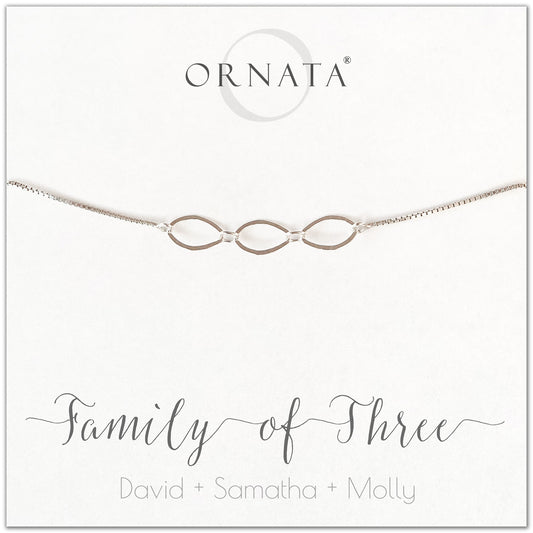 Family of three personalized sterling silver bolo bracelet. Our custom bracelets make good gifts for new families, mothers, and newlyweds. Great bridal shower gift, wedding gift, or baby shower gift. Also good mother’s day gift. 