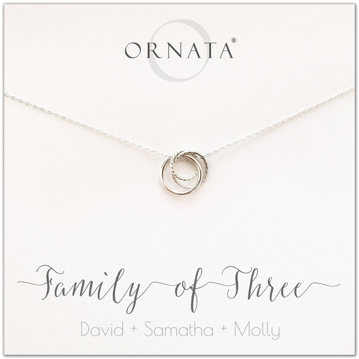Family of Three Personalized silver necklaces for families of three. Our sterling silver custom family jewelry is a perfect gift for new families, newlyweds, parents, new parents, friends, sisters, mothers, and grandmothers. Family jewelry is also a good gift for Mother’s Day. 