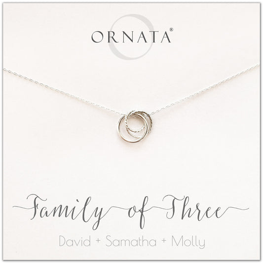 Family of Three Personalized silver necklaces for families of three. Our sterling silver custom family jewelry is a perfect gift for new families, newlyweds, parents, new parents, friends, sisters, mothers, and grandmothers. Family jewelry is also a good gift for Mother’s Day. 