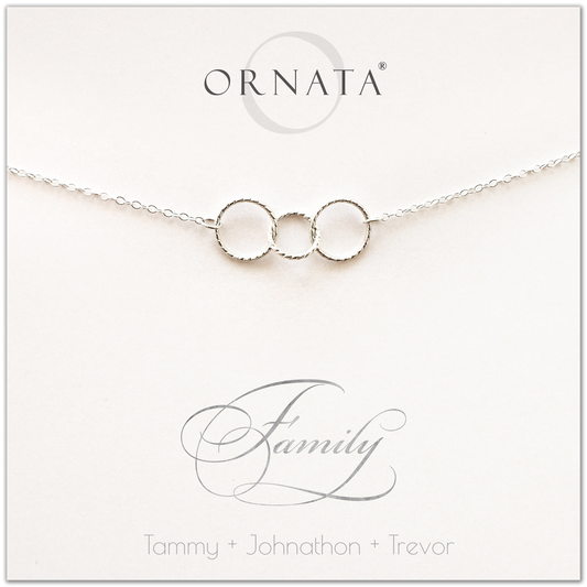 Family of Three Personalized silver necklaces for families of three. Our sterling silver custom family jewelry is a perfect gift for new families, newlyweds, parents, new parents, friends, sisters, mothers, and grandmothers. Family jewelry is also a good gift for Mother’s Day. 