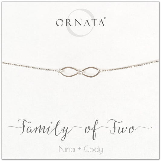 Family of two personalized sterling silver bolo bracelet. Our custom bracelets make good gifts for new families, mothers, and newlyweds. Great bridal shower gift, wedding gift, or baby shower gift. 