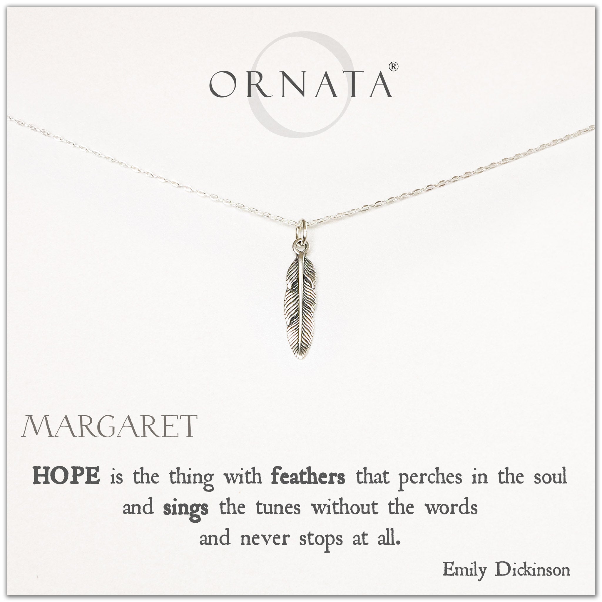 Emily Dickinson Hope Quote necklace - personalized silver feather necklace. Our sterling silver custom jewelry is a perfect gift to symbolize hope with an inspirational quote and feather charm. 