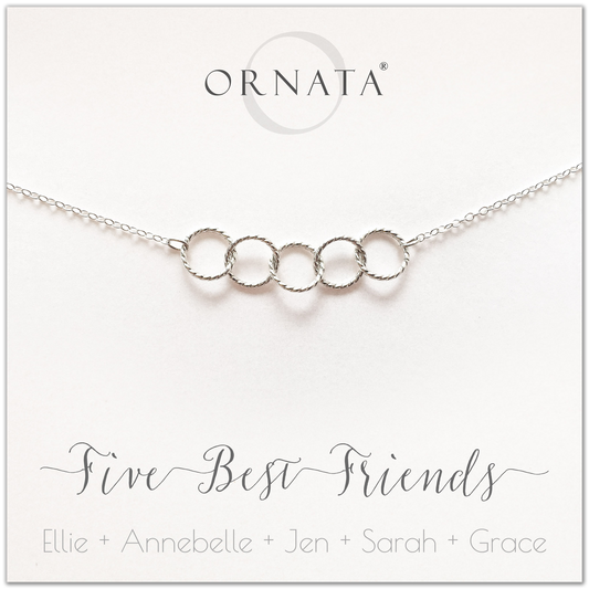 Personalized silver necklaces for five best friends. Our sterling silver custom jewelry is a perfect gift for a sister or best friend. Friendship necklaces for 5 best friends. Represents 5 best friends with sterling silver interlocking rings. 