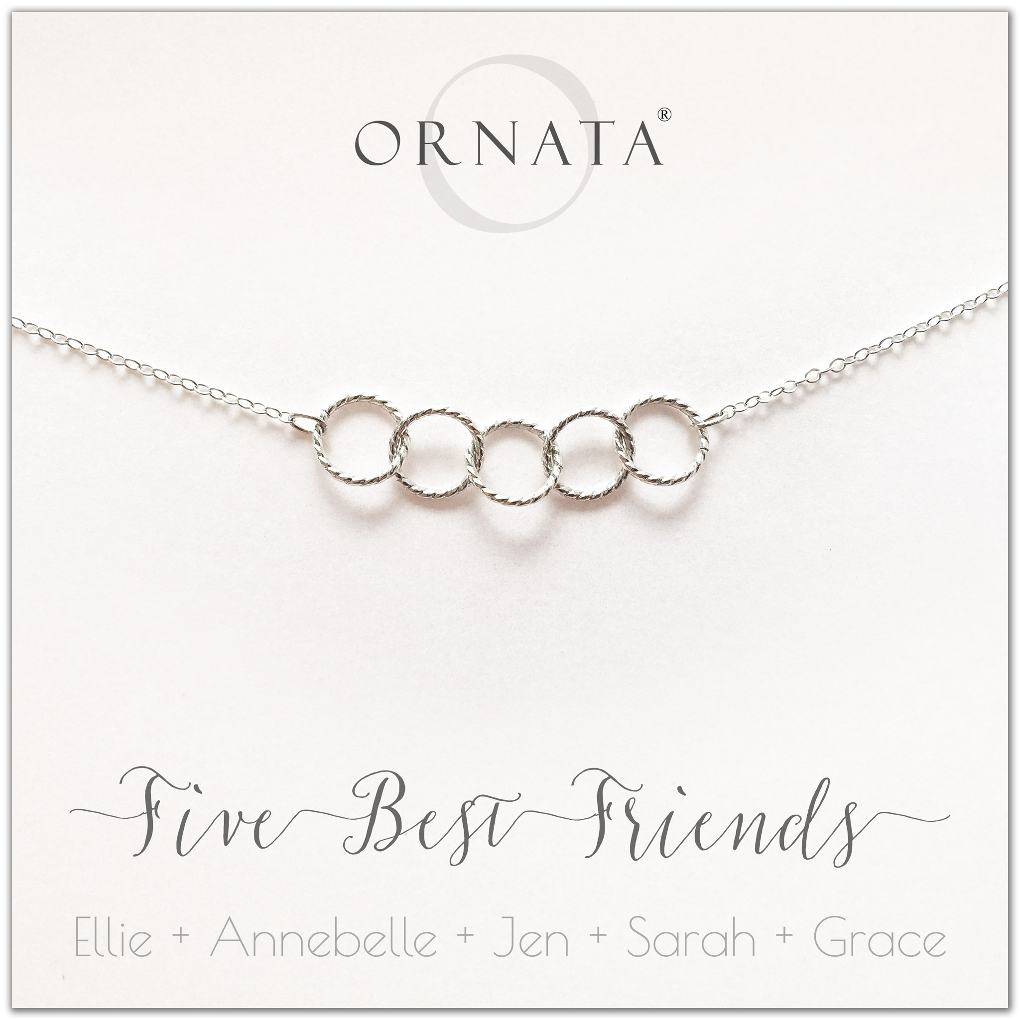 Personalized silver necklaces for five best friends. Our sterling silver custom jewelry is a perfect gift for a sister or best friend. Friendship necklaces for 5 best friends. Represents 5 best friends with sterling silver interlocking rings. 