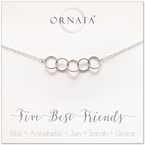 Personalized silver necklaces for five best friends. Our sterling silver custom jewelry is a perfect gift for a sister or best friend. Friendship necklaces for 5 best friends. Represents 5 best friends with sterling silver interlocking rings. 