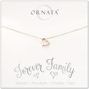Forever family necklace - personalized silver heart necklace. Our sterling silver custom jewelry is a perfect gift for wives, mothers, nieces, daughters, best friends, sisters, moms, or family members - symbolic heart necklace to show your love for your family - personalize with the names of your family members.  Also a great gift for Mother’s Day. 