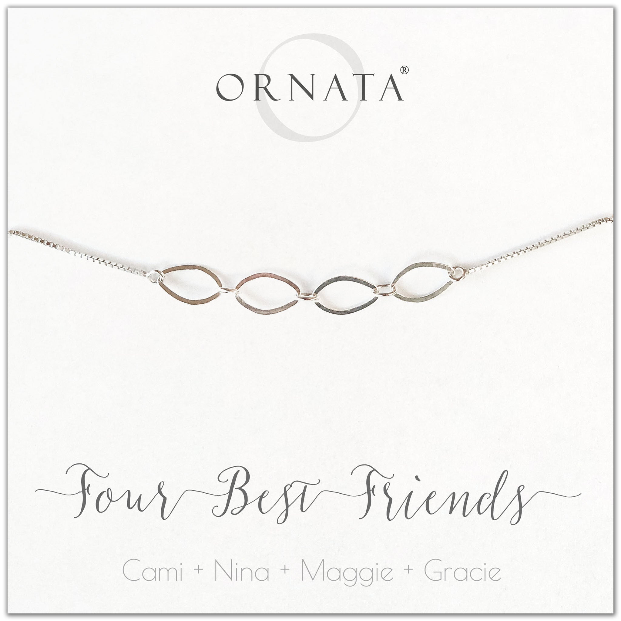 Four best friends personalized sterling silver bolo bracelet. Our custom bracelets make good gifts for best friends or sisters. 