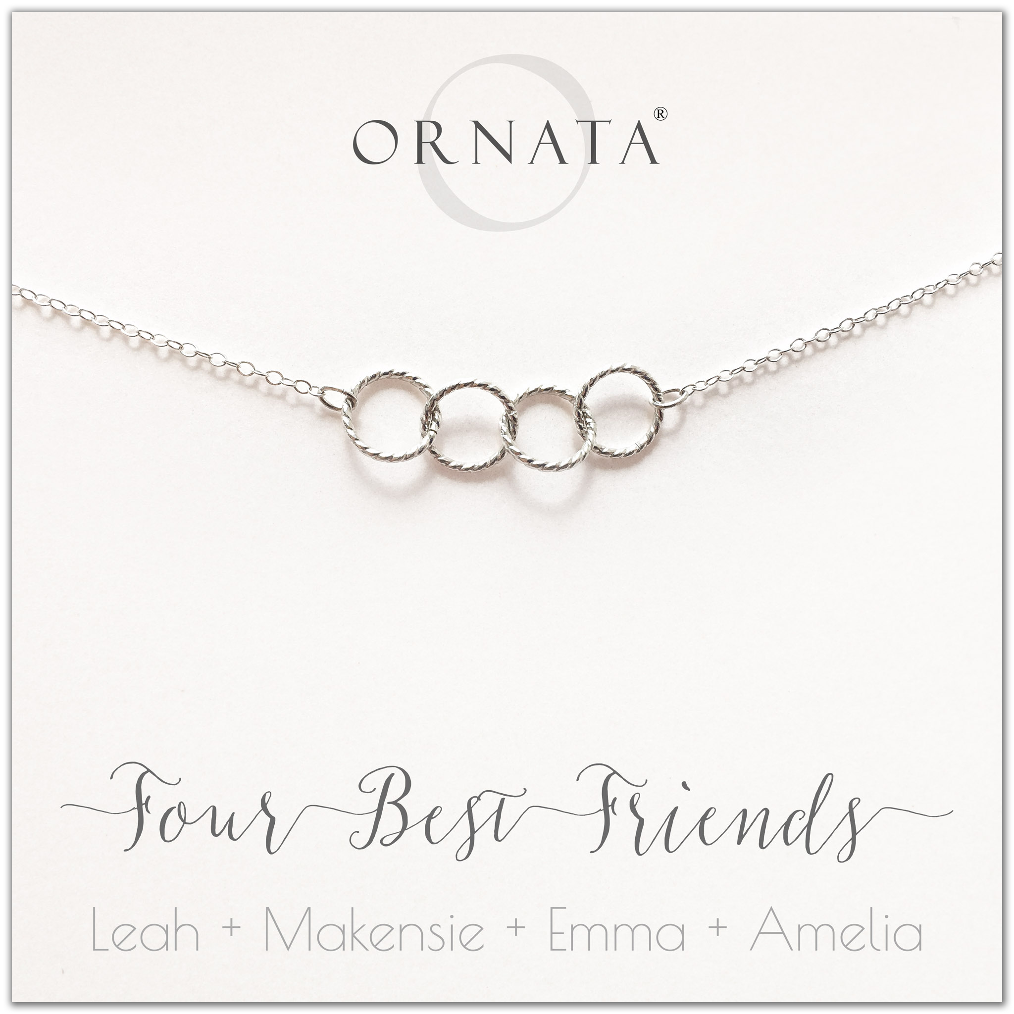 Personalized silver necklaces for four best friends. Our sterling silver custom jewelry is a perfect gift for a sister or best friend. Friendship necklaces for 4 best friends. Represents 4 best friends with sterling silver interlocking rings. 