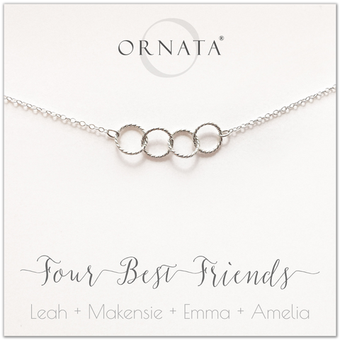 Personalized silver necklaces for four best friends. Our sterling silver custom jewelry is a perfect gift for a sister or best friend. Friendship necklaces for 4 best friends. Represents 4 best friends with sterling silver interlocking rings. 