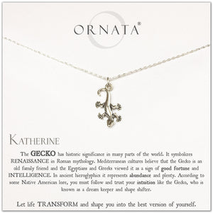 Lucky gecko necklace - personalized silver gecko necklace. Our sterling silver custom jewelry is a perfect gift for someone who loves reptiles and geckos or someone who needs a good luck charm. Good lucky charm gift. 