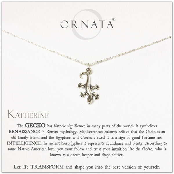 Lucky gecko necklace - personalized silver gecko necklace. Our sterling silver custom jewelry is a perfect gift for someone who loves reptiles and geckos or someone who needs a good luck charm. Good lucky charm gift. 