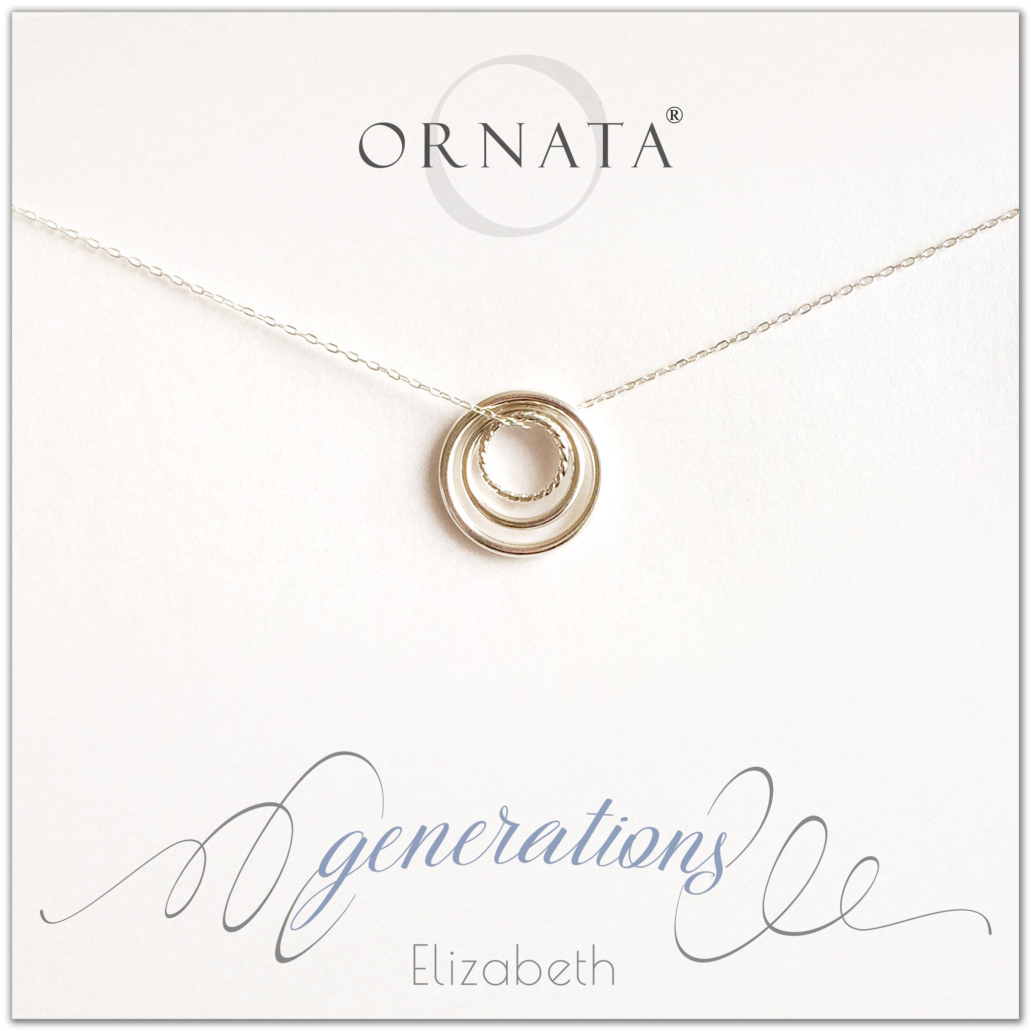 Generations Jewelry - personalized silver necklaces. Our sterling silver custom jewelry is a perfect gift for mothers, daughters, granddaughters, grandmothers, grandmas, sisters, or family members. Three rings represent three generations. Perfect gift for Mother’s Day or Mother’s Day Jewelry. 