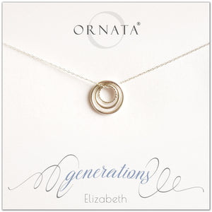 Generations Jewelry - personalized silver necklaces. Our sterling silver custom jewelry is a perfect gift for mothers, daughters, granddaughters, grandmothers, grandmas, sisters, or family members. Three rings represent three generations. Perfect gift for Mother’s Day or Mother’s Day Jewelry. 