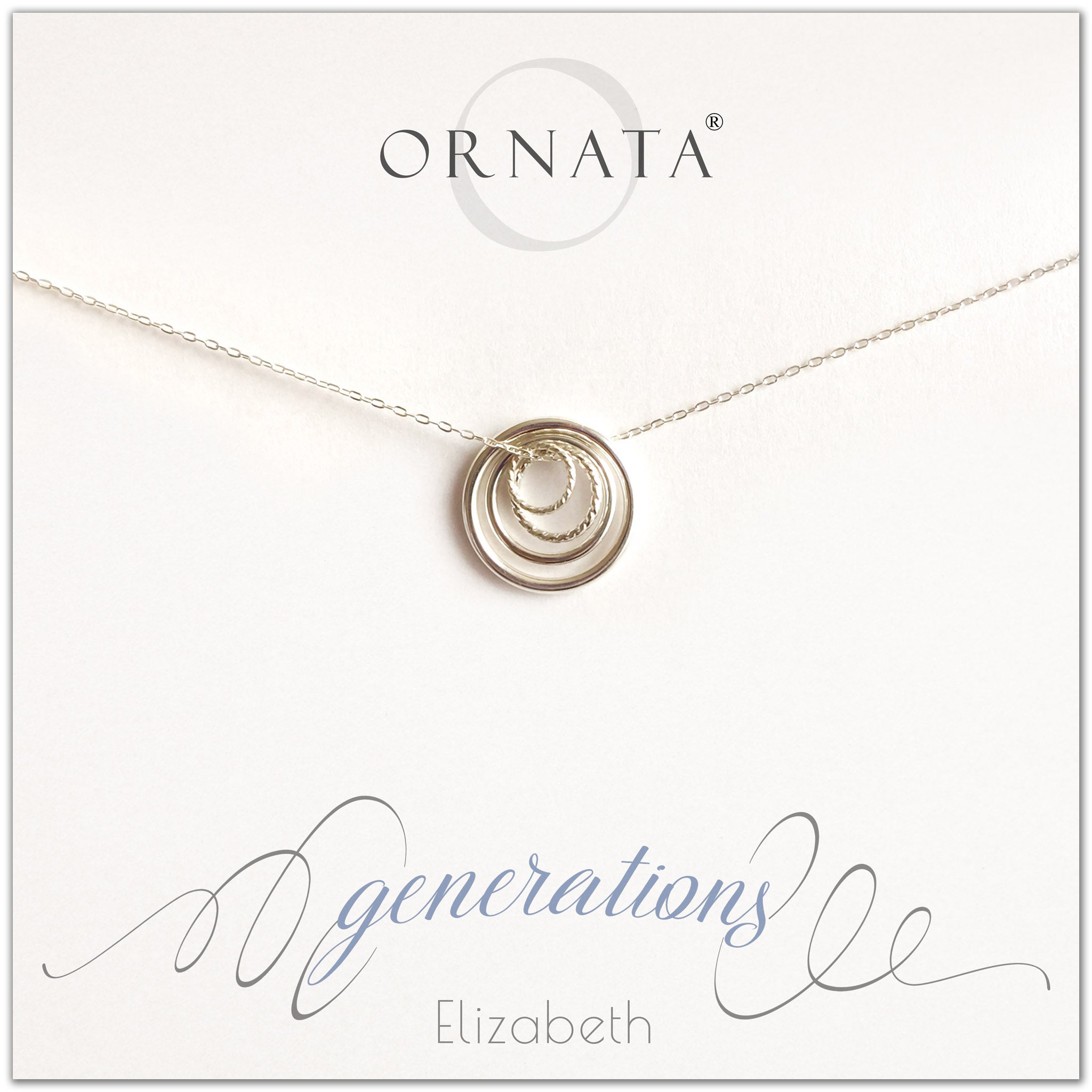 Generations Jewelry - personalized silver necklaces. Our sterling silver custom jewelry is a perfect gift for mothers, daughters, granddaughters, grandmothers, grandmas, sisters, or family members. Four rings represent three generations. Perfect gift for Mother’s Day or Mother’s Day Jewelry. 