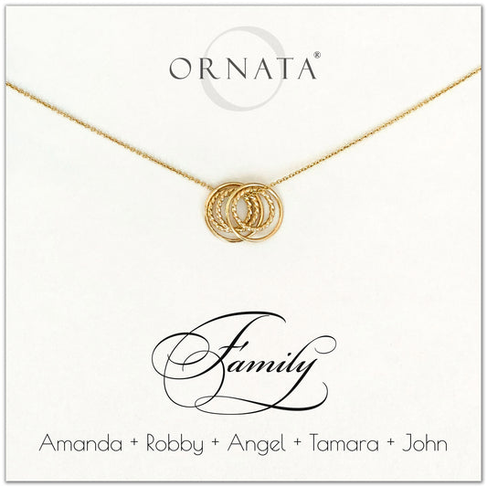 Family of Five Personalized gold necklaces for families of 5. Our 14 karat gold filled custom jewelry is a perfect gift for new families, newlyweds, parents, new parents, friends, sisters, mothers, and grandmothers. Family jewelry is also a good gift for Mother’s Day. 