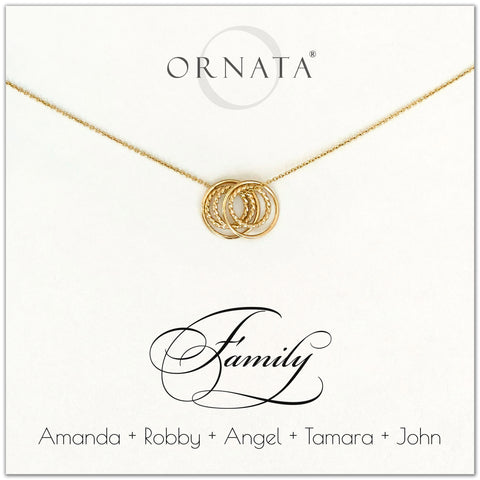 Family of Five Personalized gold necklaces for families of 5. Our 14 karat gold filled custom jewelry is a perfect gift for new families, newlyweds, parents, new parents, friends, sisters, mothers, and grandmothers. Family jewelry is also a good gift for Mother’s Day. 