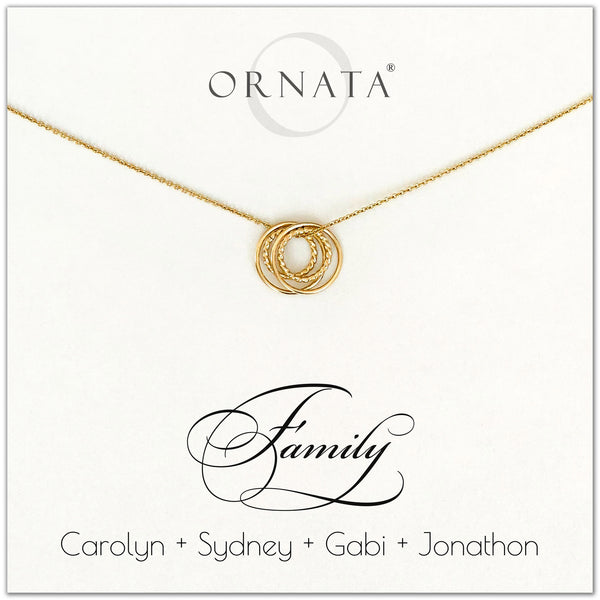 Family of Four Personalized gold necklaces for families of 4. Our 14 karat gold filled custom jewelry is a perfect gift for new families, newlyweds, parents, new parents, friends, sisters, mothers, and grandmothers. Family jewelry is also a good gift for Mother’s Day. 
