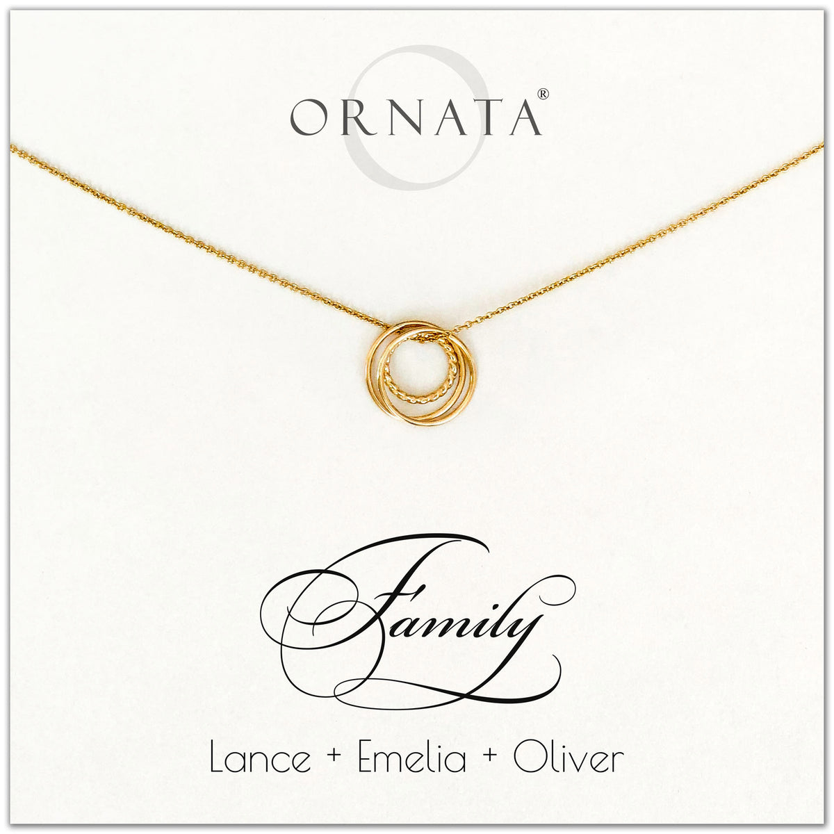 Family of Three Personalized gold necklaces for families of three. Our 14 karat gold filled custom jewelry is a perfect gift for new families, newlyweds, parents, new parents, friends, sisters, mothers, and grandmothers. Family jewelry is also a good gift for Mother’s Day. 