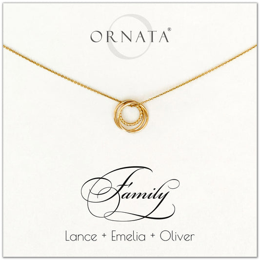 Family of Three Personalized gold necklaces for families of three. Our 14 karat gold filled custom jewelry is a perfect gift for new families, newlyweds, parents, new parents, friends, sisters, mothers, and grandmothers. Family jewelry is also a good gift for Mother’s Day. 