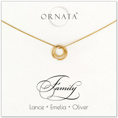 Family of Three Personalized gold necklaces for families of three. Our 14 karat gold filled custom jewelry is a perfect gift for new families, newlyweds, parents, new parents, friends, sisters, mothers, and grandmothers. Family jewelry is also a good gift for Mother’s Day. 