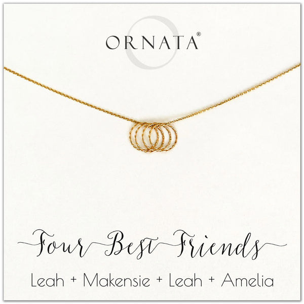 Personalized gold necklaces for four best friends. Our 14 karat gold filled custom jewelry is a perfect gift for a sister or best friend. 