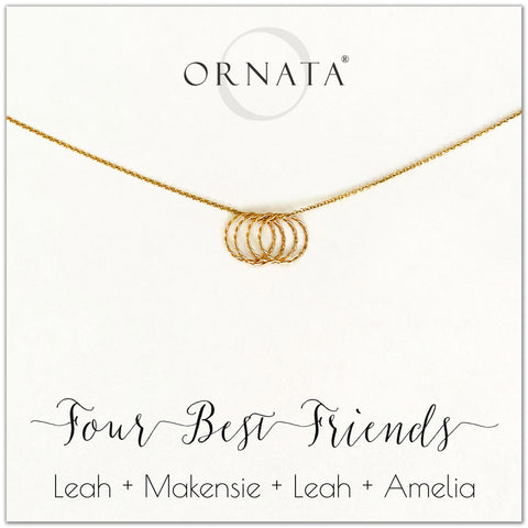 Personalized gold necklaces for four best friends. Our 14 karat gold filled custom jewelry is a perfect gift for a sister or best friend. 