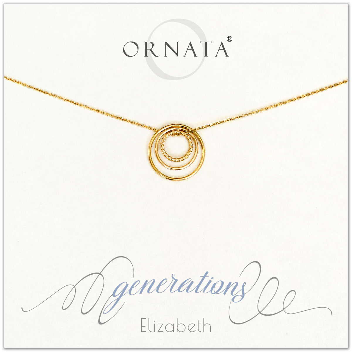 Three Generations Jewelry - personalized gold necklaces. Our 14 karat gold filled custom jewelry is a perfect gift for mothers, daughters, granddaughters, grandmothers, grandmas, sisters, or family members. Three rings represent three generations. Perfect gift for Mother’s Day or Mother’s Day Jewelry. 