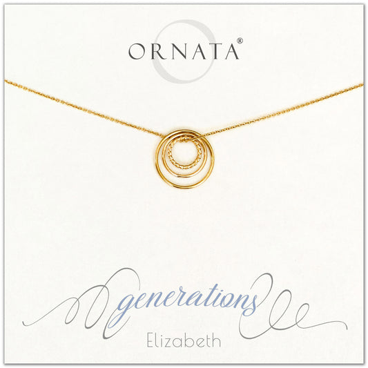 Three Generations Jewelry - personalized gold necklaces. Our 14 karat gold filled custom jewelry is a perfect gift for mothers, daughters, granddaughters, grandmothers, grandmas, sisters, or family members. Three rings represent three generations. Perfect gift for Mother’s Day or Mother’s Day Jewelry. 
