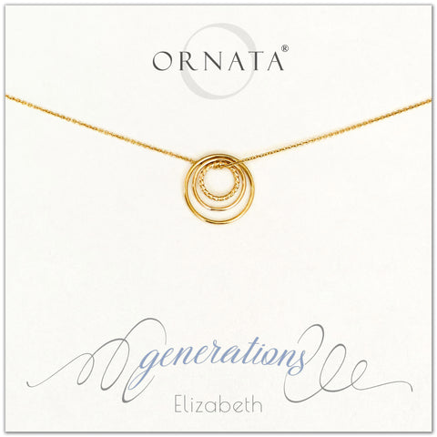 Three Generations Jewelry - personalized gold necklaces. Our 14 karat gold filled custom jewelry is a perfect gift for mothers, daughters, granddaughters, grandmothers, grandmas, sisters, or family members. Three rings represent three generations. Perfect gift for Mother’s Day or Mother’s Day Jewelry. 