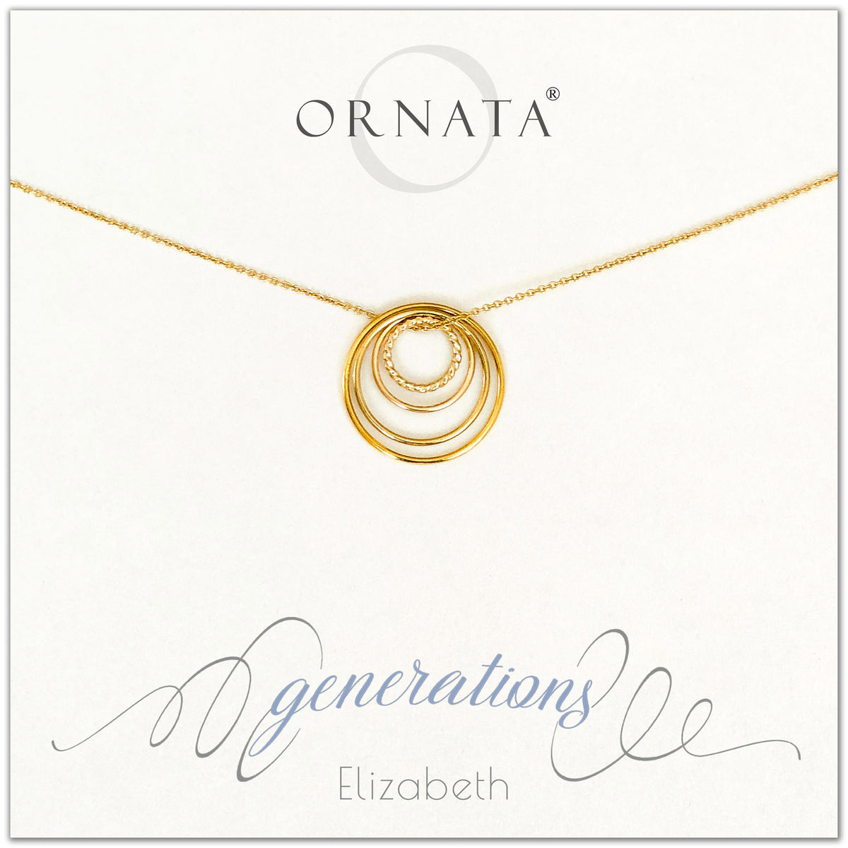 Four Generations Jewelry - personalized gold necklaces. Our 14 karat gold filled custom jewelry is a perfect gift for great grandmothers, great grandmas, mothers, daughters, granddaughters, grandmothers, grandmas, sisters, or family members. Three rings represent three generations. Perfect gift for Mother’s Day or Mother’s Day Jewelry. 