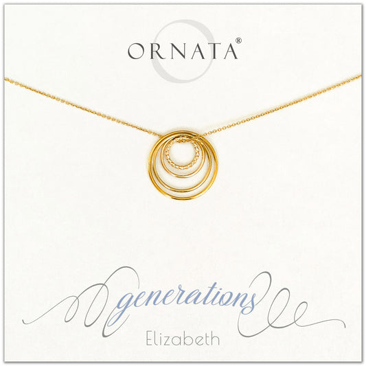 Four Generations Jewelry - personalized gold necklaces. Our 14 karat gold filled custom jewelry is a perfect gift for great grandmothers, great grandmas, mothers, daughters, granddaughters, grandmothers, grandmas, sisters, or family members. Three rings represent three generations. Perfect gift for Mother’s Day or Mother’s Day Jewelry. 