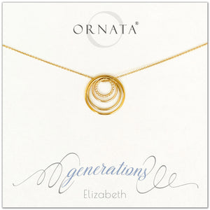 Four Generations Jewelry - personalized gold necklaces. Our 14 karat gold filled custom jewelry is a perfect gift for great grandmothers, great grandmas, mothers, daughters, granddaughters, grandmothers, grandmas, sisters, or family members. Three rings represent three generations. Perfect gift for Mother’s Day or Mother’s Day Jewelry. 
