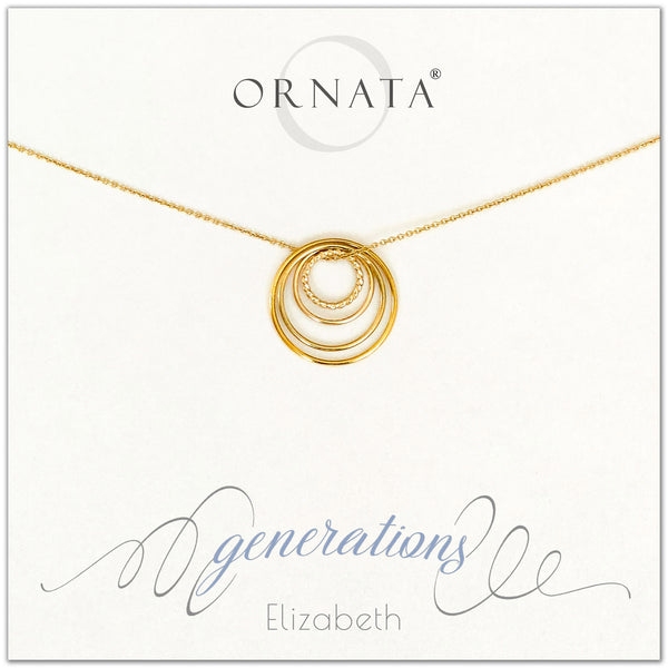 Four Generations Jewelry - personalized gold necklaces. Our 14 karat gold filled custom jewelry is a perfect gift for great grandmothers, great grandmas, mothers, daughters, granddaughters, grandmothers, grandmas, sisters, or family members. Three rings represent three generations. Perfect gift for Mother’s Day or Mother’s Day Jewelry. 