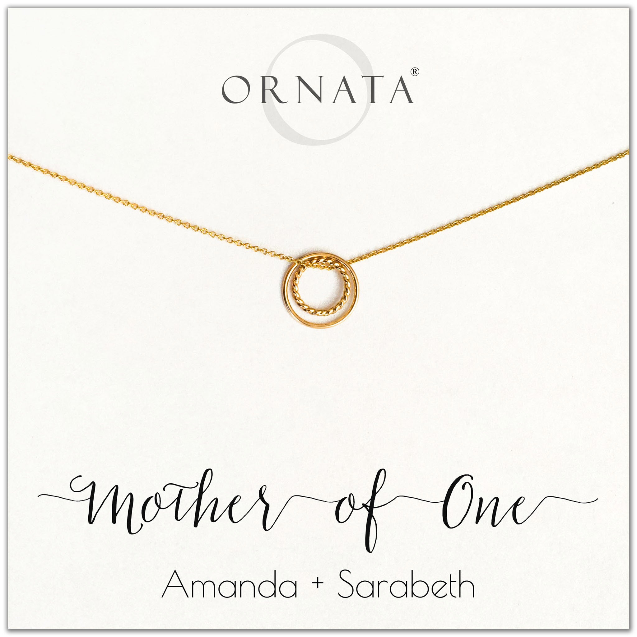 Mom or Mother of One - personalized gold necklaces. Our 14 karat gold filled custom jewelry is a perfect gift for mothers of one child, daughters, granddaughters, grandmothers, sisters, best friends, wives, girlfriends, and family members. Also a good gift for Mother’s Day. 