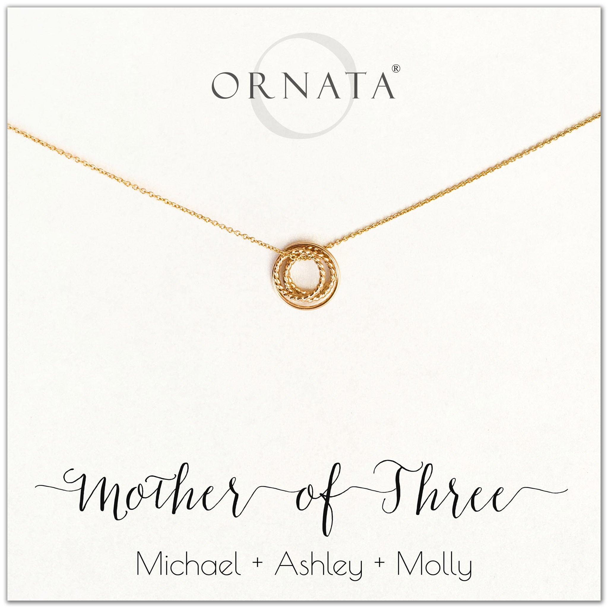 Mom or Mother of Three - personalized gold necklaces. Our 14 karat gold filled custom jewelry is a perfect gift for mothers of three children, daughters, granddaughters, grandmothers, sisters, best friends, wives, girlfriends, and family members. Also a good gift for Mother’s Day. 