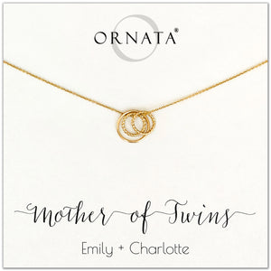 Mom or Mother of Twins - personalized gold necklaces. Our 14 karat gold filled custom jewelry is a perfect gift for mothers of twins, daughters, granddaughters, grandmothers, sisters, best friends, wives, girlfriends, and family members. Also a good gift for Mother’s Day. 