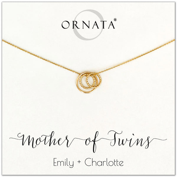 Mom or Mother of Twins - personalized gold necklaces. Our 14 karat gold filled custom jewelry is a perfect gift for mothers of twins, daughters, granddaughters, grandmothers, sisters, best friends, wives, girlfriends, and family members. Also a good gift for Mother’s Day. 