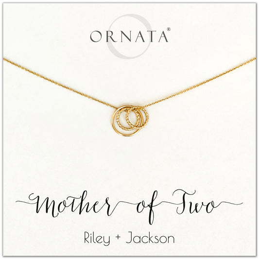 Mom or Mother of Two - personalized gold necklaces. Our 14 karat gold filled custom jewelry is a perfect gift for mothers of two children, daughters, granddaughters, grandmothers, sisters, best friends, wives, girlfriends, and family members. Also a good gift for Mother’s Day. 