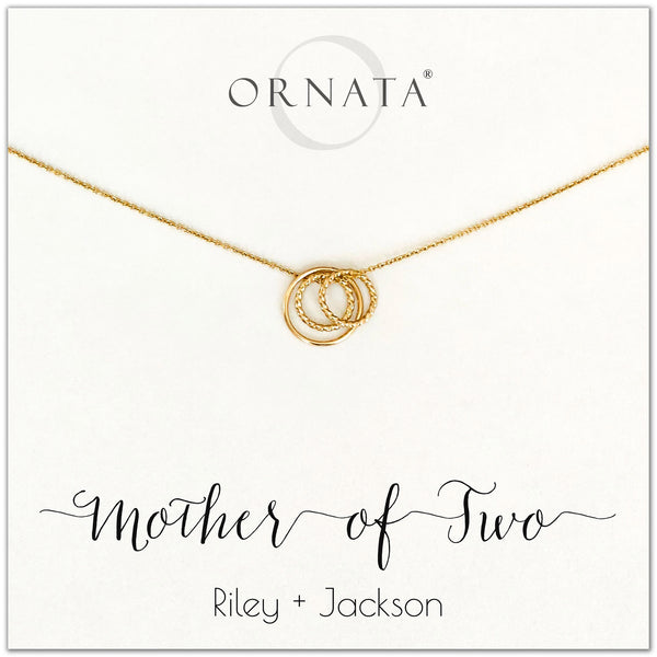 Mom or Mother of Two - personalized gold necklaces. Our 14 karat gold filled custom jewelry is a perfect gift for mothers of two children, daughters, granddaughters, grandmothers, sisters, best friends, wives, girlfriends, and family members. Also a good gift for Mother’s Day. 