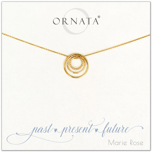 Past Present Future Three Ring - personalized gold necklaces. Our 14 karat gold filled custom jewelry is a perfect gift for mothers, daughters, granddaughters, grandmothers, sisters, best friends, wives, girlfriends, and family members. Three rings represent three generations. 