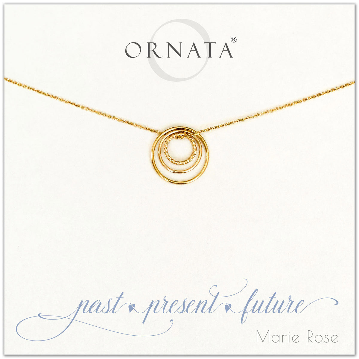 Past Present Future Three Ring - personalized gold necklaces. Our 14 karat gold filled custom jewelry is a perfect gift for mothers, daughters, granddaughters, grandmothers, sisters, best friends, wives, girlfriends, and family members. Three rings represent three generations. 