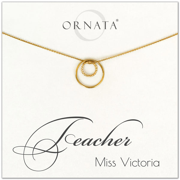 Personalized gold teacher necklaces. Our 14 karat gold filled custom jewelry is a perfect gift for teachers. 