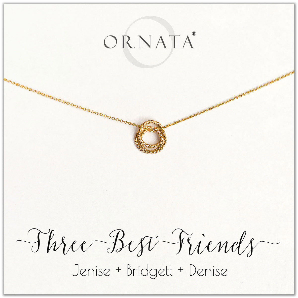 Personalized gold necklaces for three best friends. Our 14 karat gold filled custom jewelry is a perfect gift for a sister or best friend. 