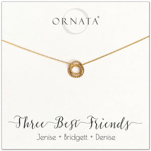 Personalized gold necklaces for three best friends. Our 14 karat gold filled custom jewelry is a perfect gift for a sister or best friend. 
