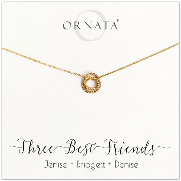 Personalized gold necklaces for three best friends. Our 14 karat gold filled custom jewelry is a perfect gift for a sister or best friend. 