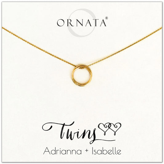 Personalized gold necklaces for twins. Our 14 karat gold filled custom jewelry is a perfect gift for a sister, best friend, mother of twins, or twin. 